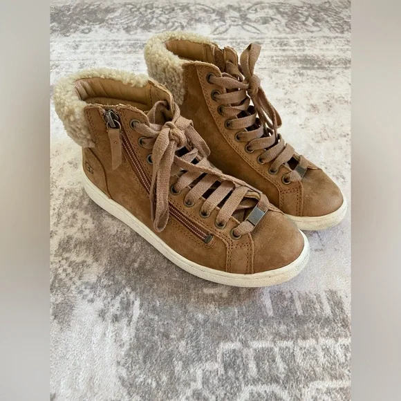 UGG Olive Sneakers in Brown Shearling Trim with Side Zip Size 6.5 - Picture 2 of 14